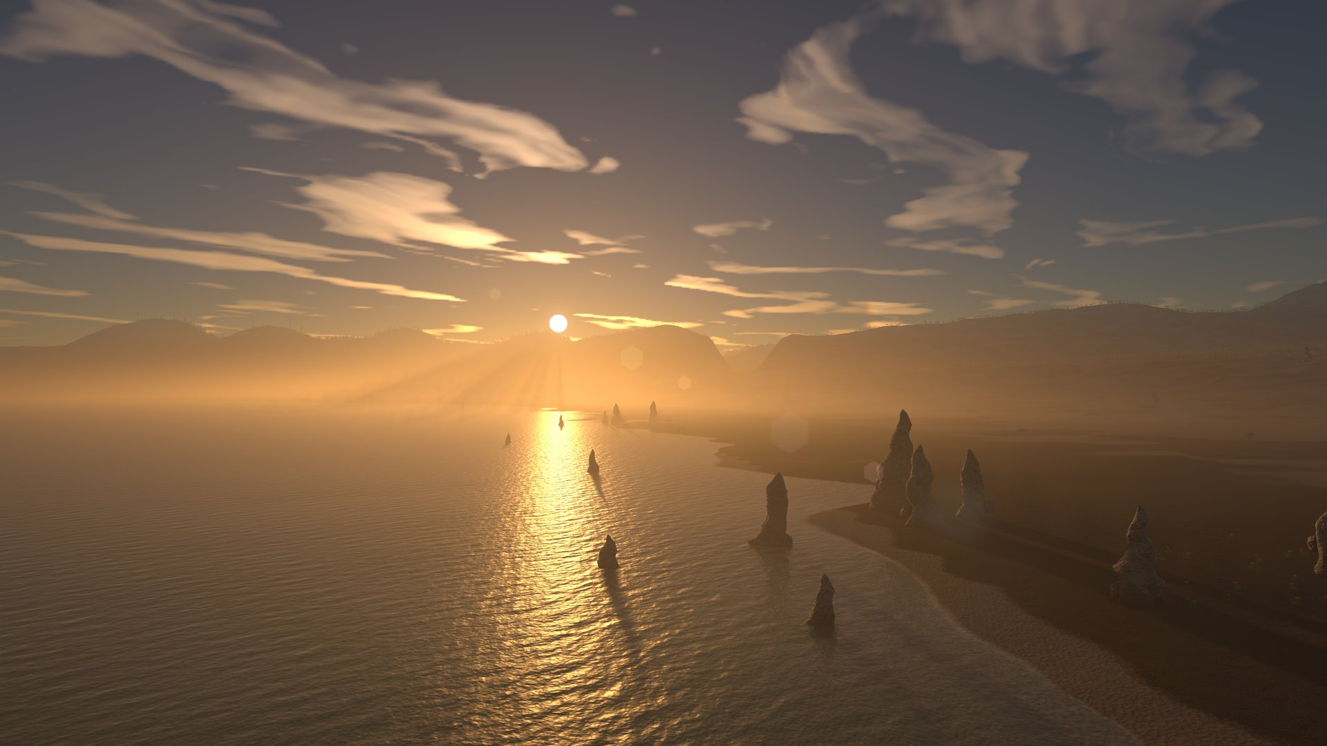The sun setting over a salt lake, its glint on the water between tufa towers, warm clouds above
