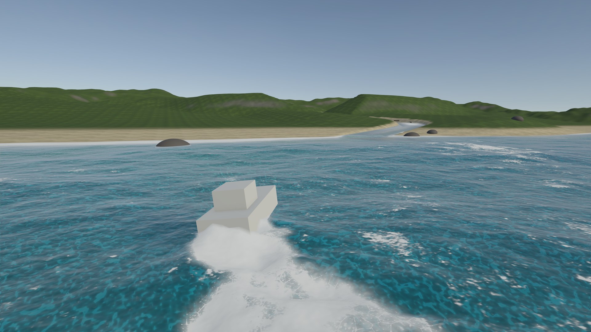 A small boat sailing towards a coast of green hills, leaving a foamy wake on a blue sea