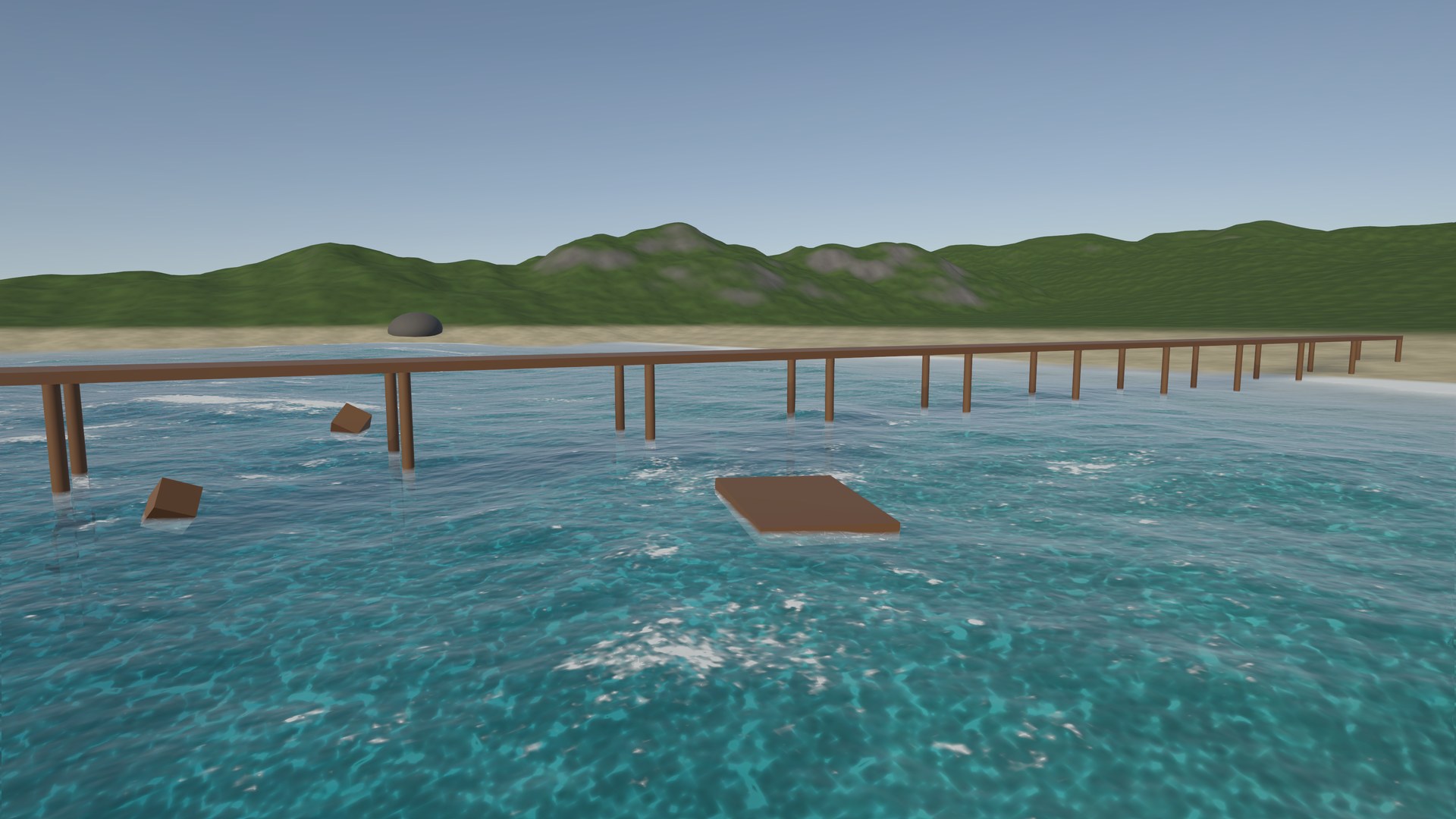 A raft and wooden crates floating next to a long wooden pier on turquoise water