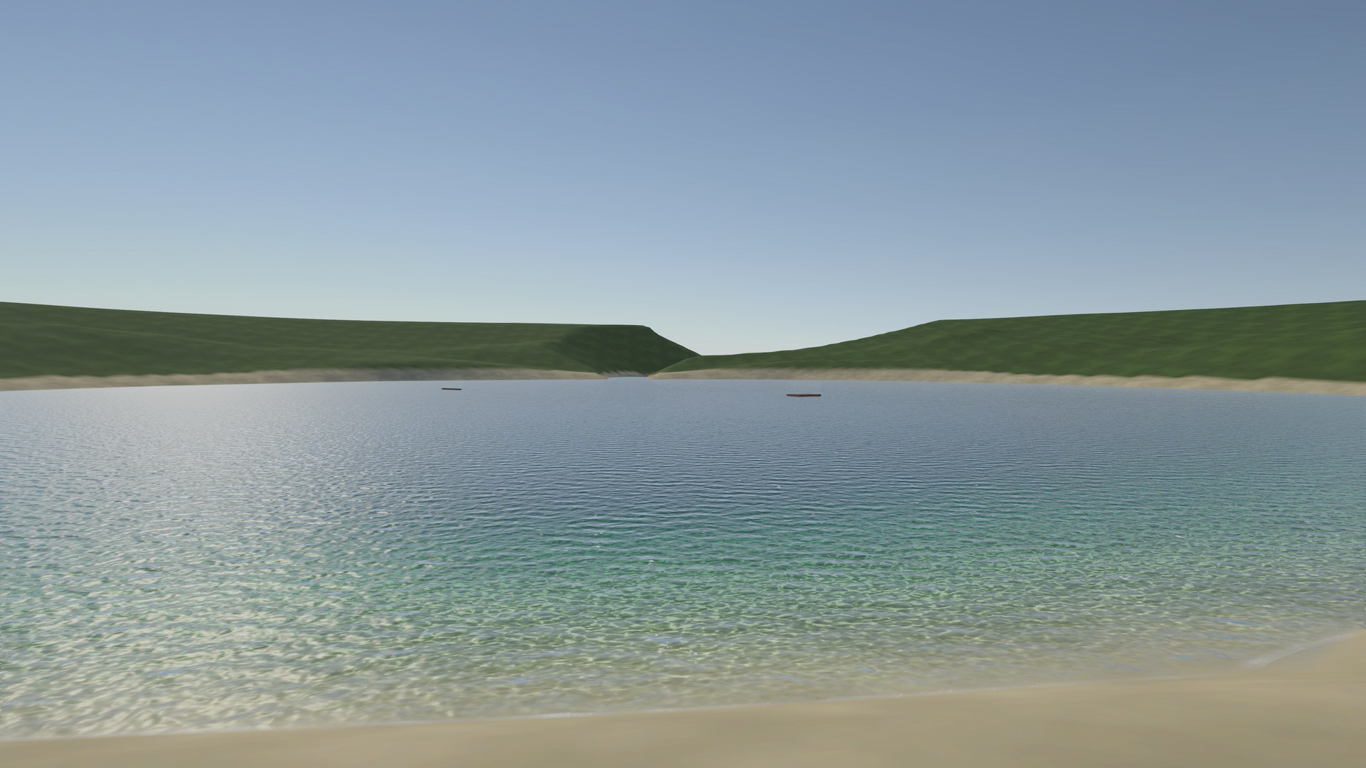 A calm lake in green hills, its sandy bottom visible through clear water near the shore