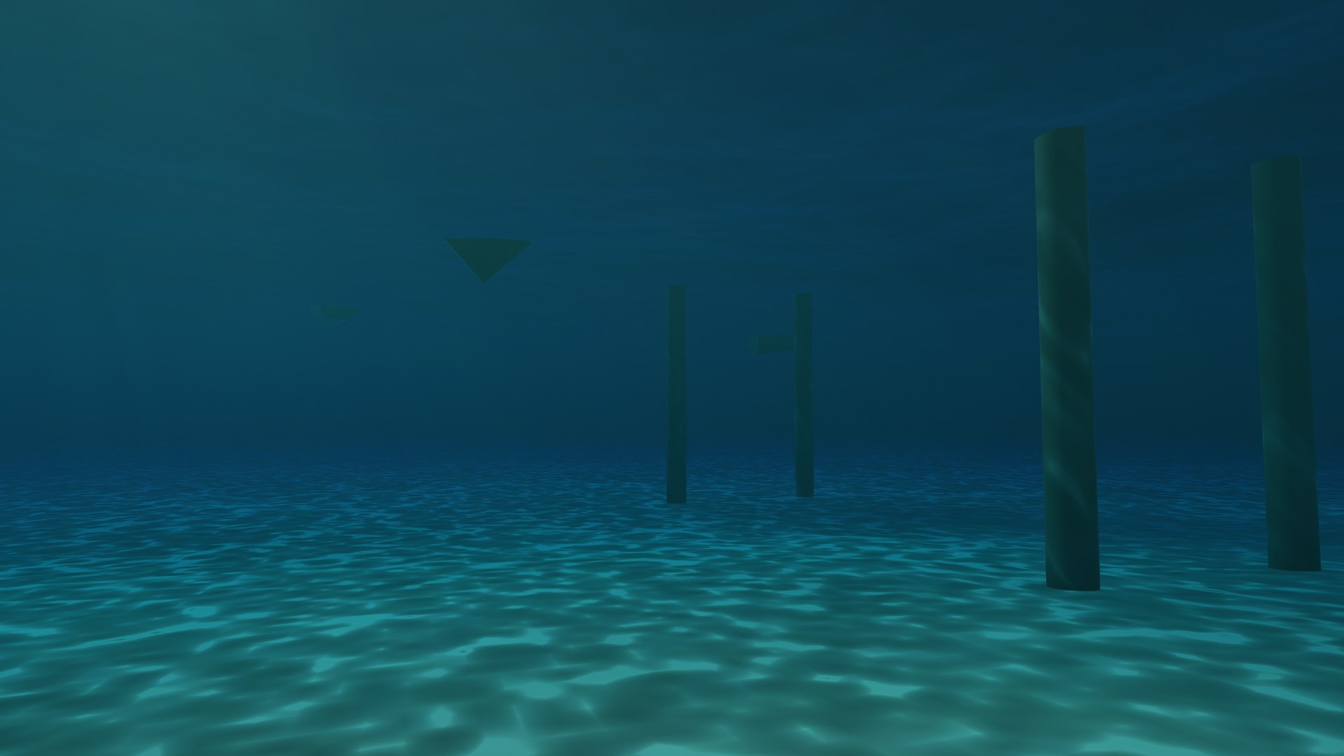 View from under the water: pier posts on a sandy seabed lit by caustics, with the surface above