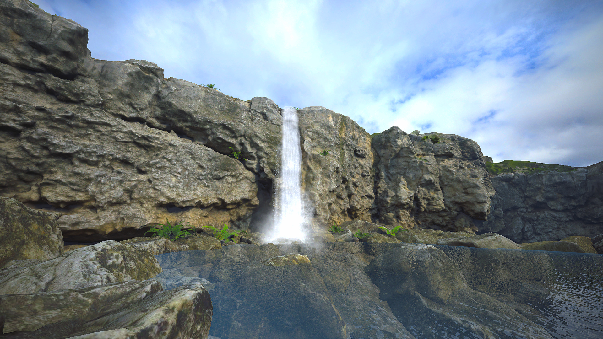 A waterfall flowing down a rocky cliff into a reflective pool, surrounded by ferns