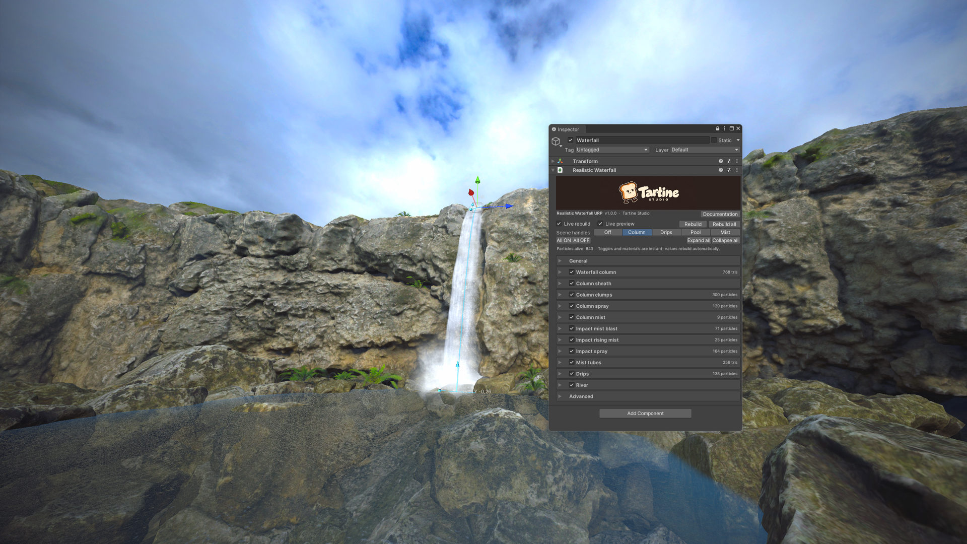 Realistic Waterfall in the Unity Editor with its custom Inspector and Scene view handles visible